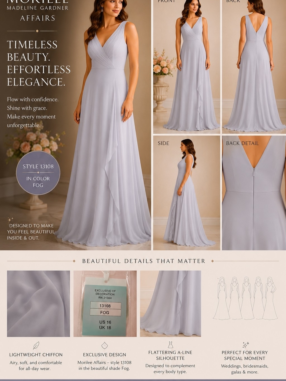 Mori Lee Fog Sleeveless V-Neck Chiffon Maxi Dress